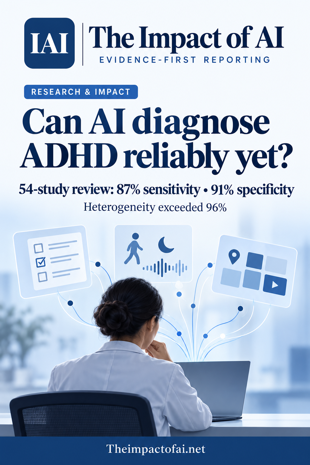 The Impact of AI cover with a conceptual clinician comparing several streams of ADHD assessment evidence, alongside the 54-study result and the very high heterogeneity warning.