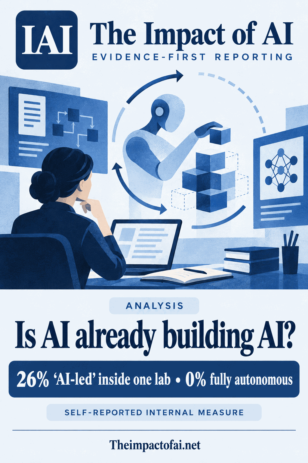 The Impact of AI analysis cover asking whether AI is already building AI, with a conceptual human-supervised model workshop and incomplete feedback loop; it states 26% AI-led work inside one lab, zero fully autonomous work and that the measure was self-reported.