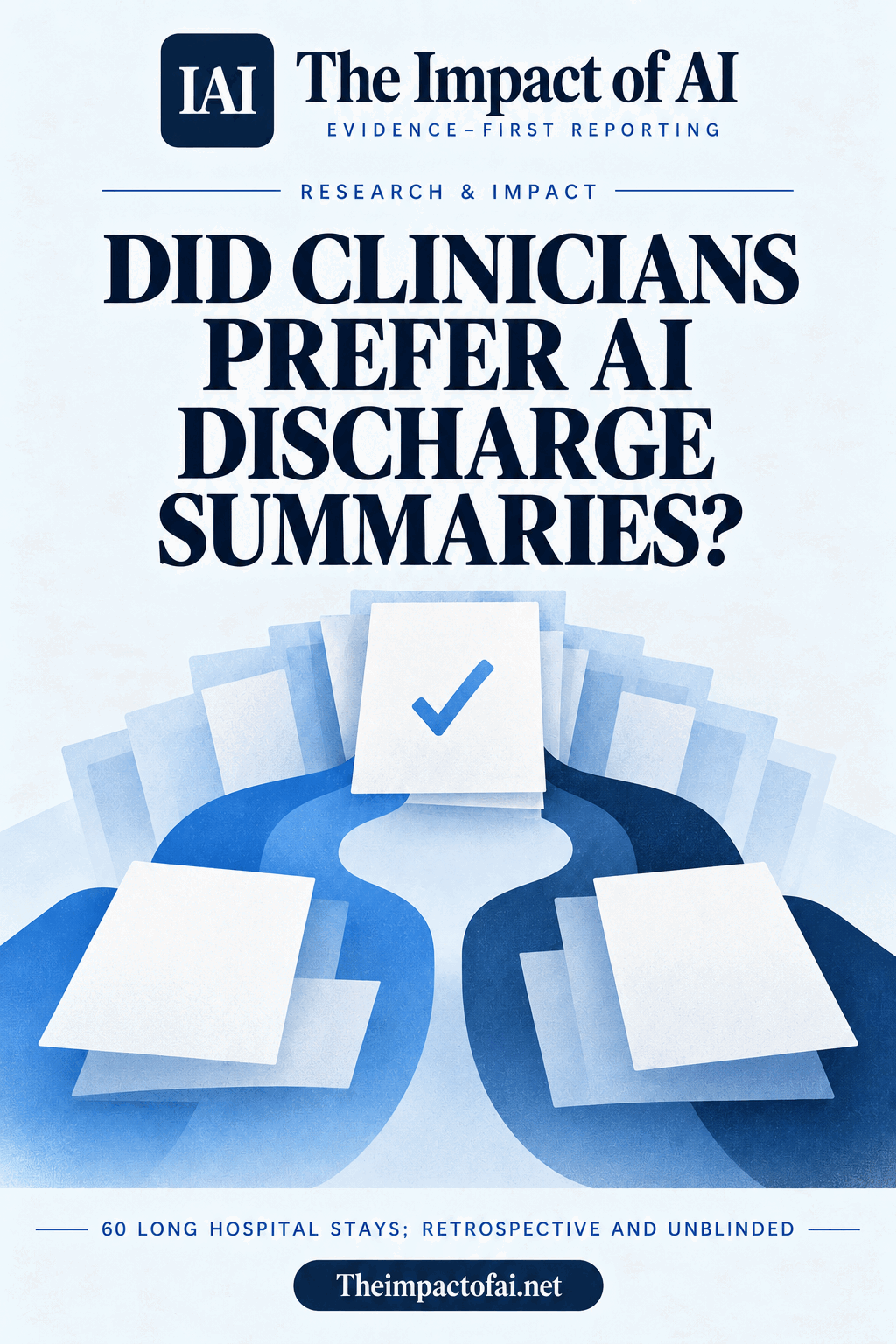 The Impact of AI research cover asking whether clinicians preferred AI discharge summaries, with abstract blank documents flowing through two comparison paths.
