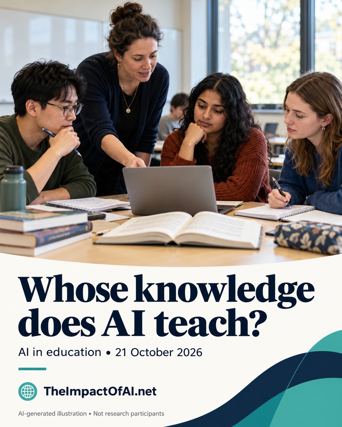 AI-generated illustration of an adult lecturer and adult students comparing a laptop response with books and notes.