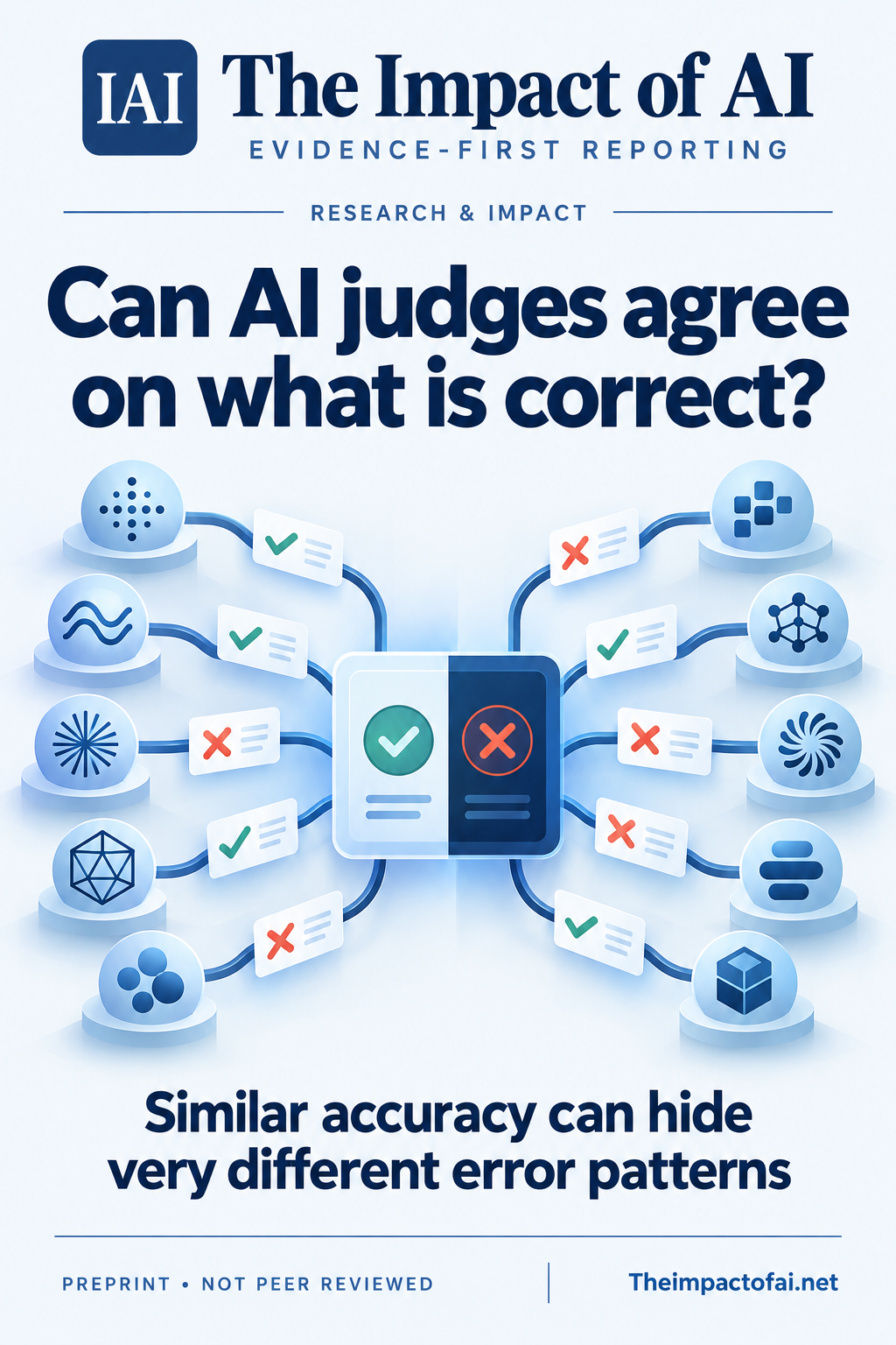 The Impact of AI research cover asking whether AI judges agree on what is correct, with ten conceptual model nodes returning different verdict cards to a central comparison panel.