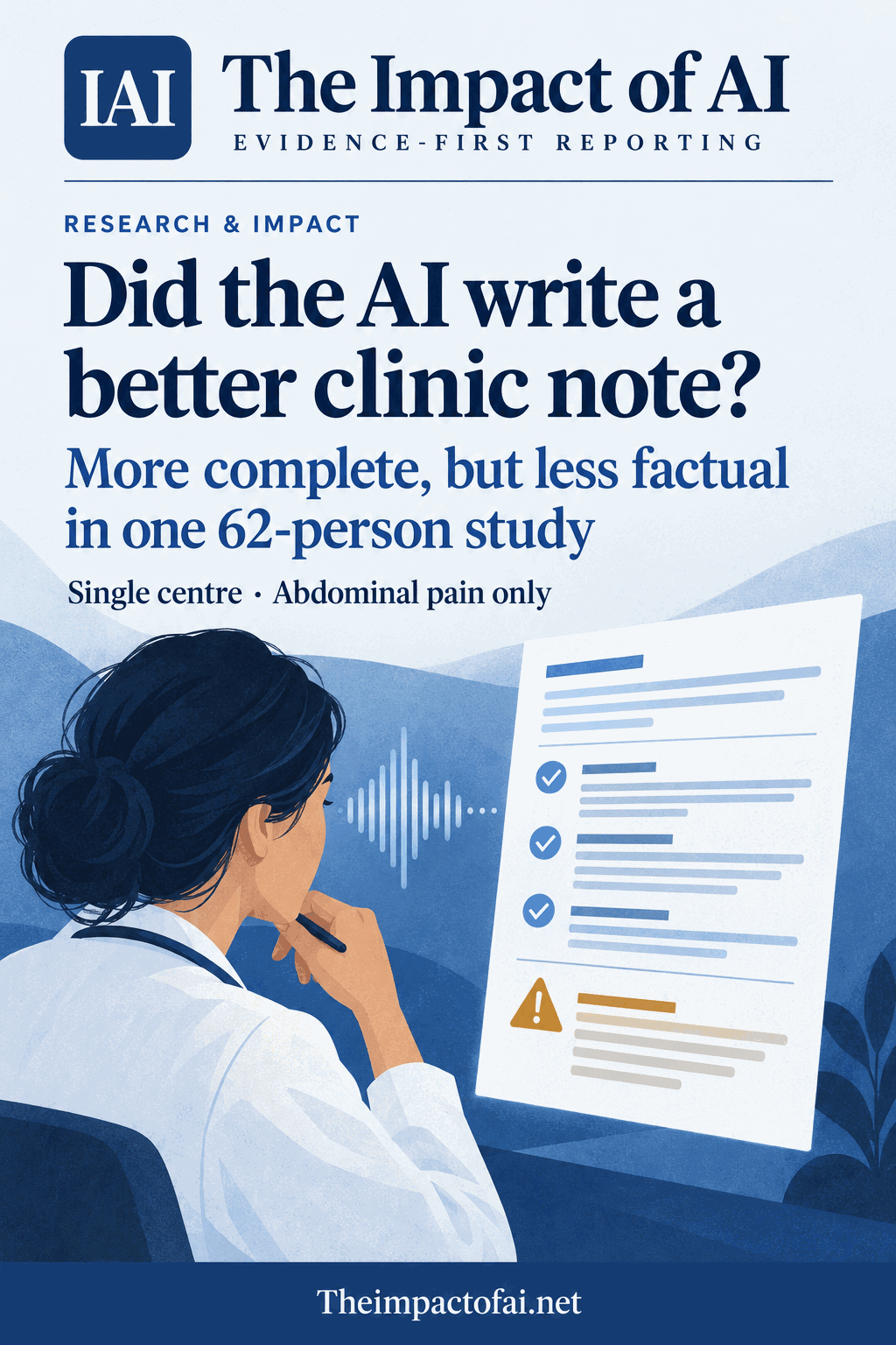 The Impact of AI research cover asking whether AI wrote a better clinic note, with a conceptual clinician, audio waveform and structured note; it states that notes were more complete but less factual in one 62-person study limited to abdominal pain.