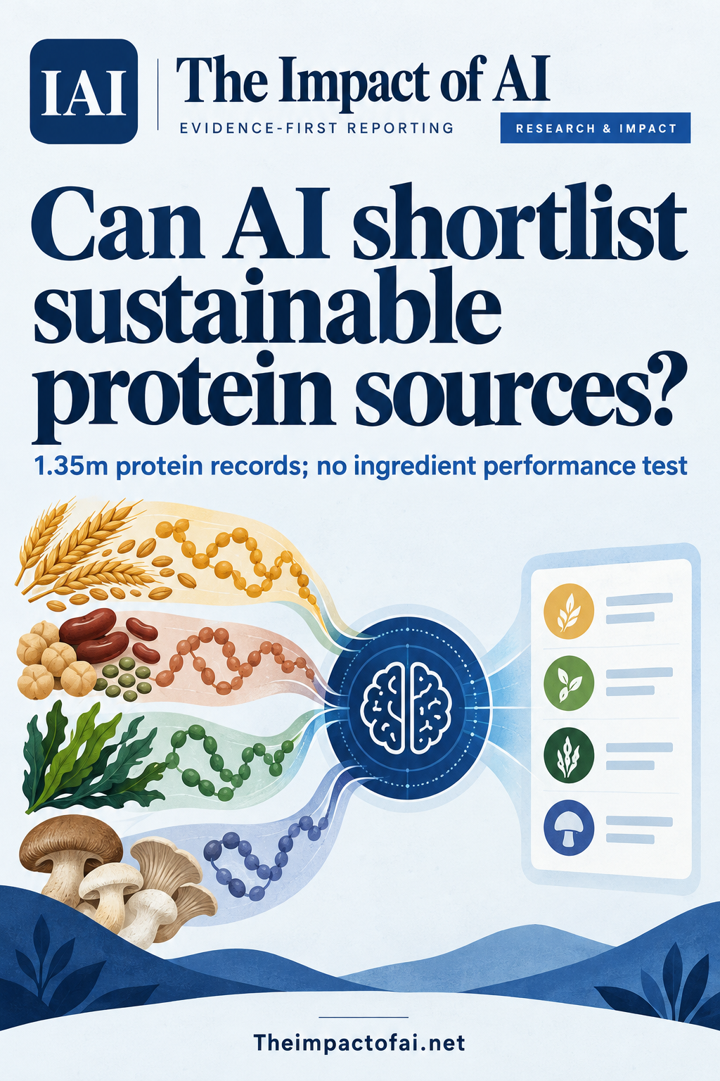 The Impact of AI research cover showing conceptual grains, legumes, seaweed and mushrooms flowing through an abstract comparison system toward a shortlist, with the evidence limit that no ingredient performance was tested.