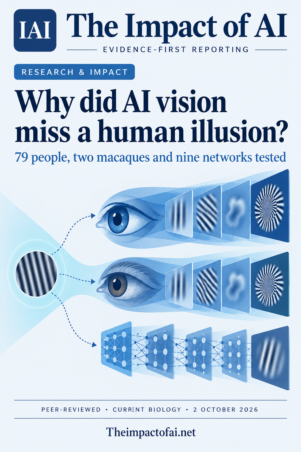 The Impact of AI research cover asking why AI vision missed a human illusion, with conceptual eyes, moving gratings and neural-network layers.