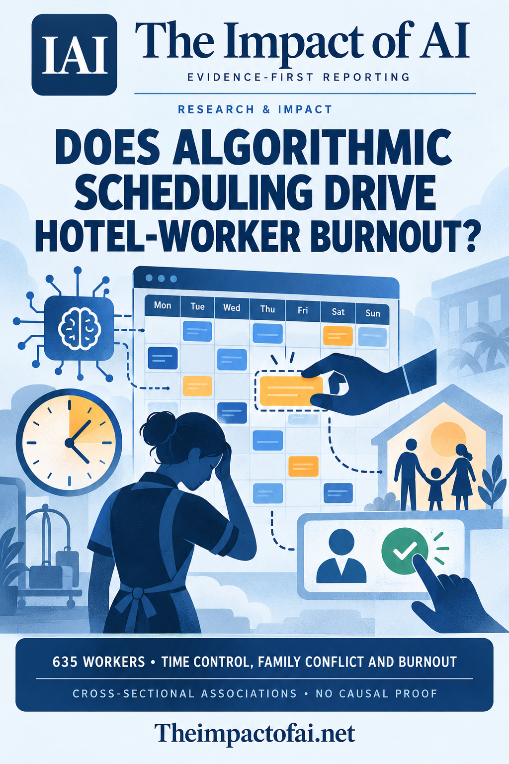 The Impact of AI research cover asking whether algorithmic scheduling drives hotel-worker burnout, with a conceptual shift roster, clock, worker and family-time symbols.