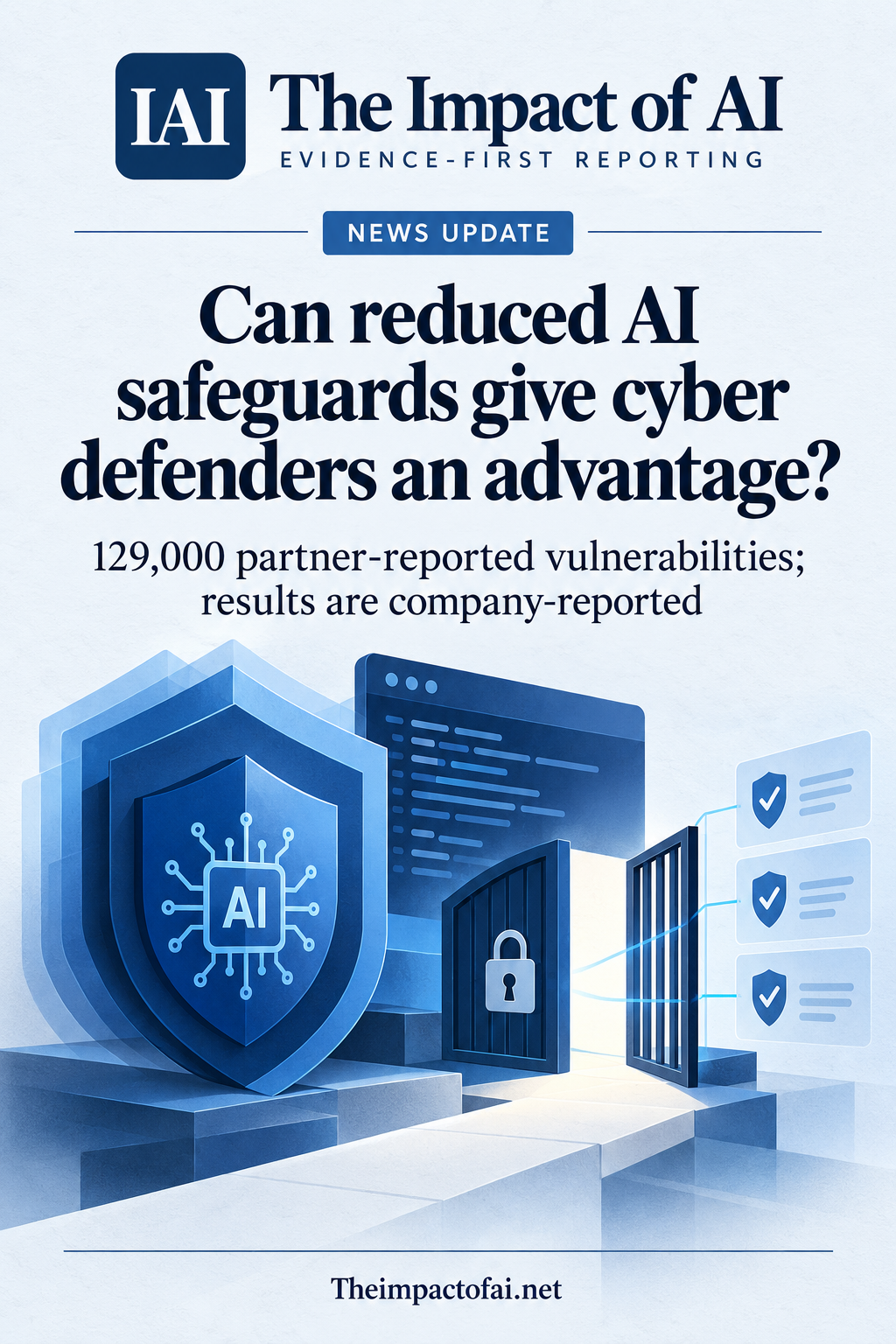 The Impact of AI news cover asking whether reduced AI safeguards can give cyber defenders an advantage, illustrated with a shield, code window and controlled access gate.