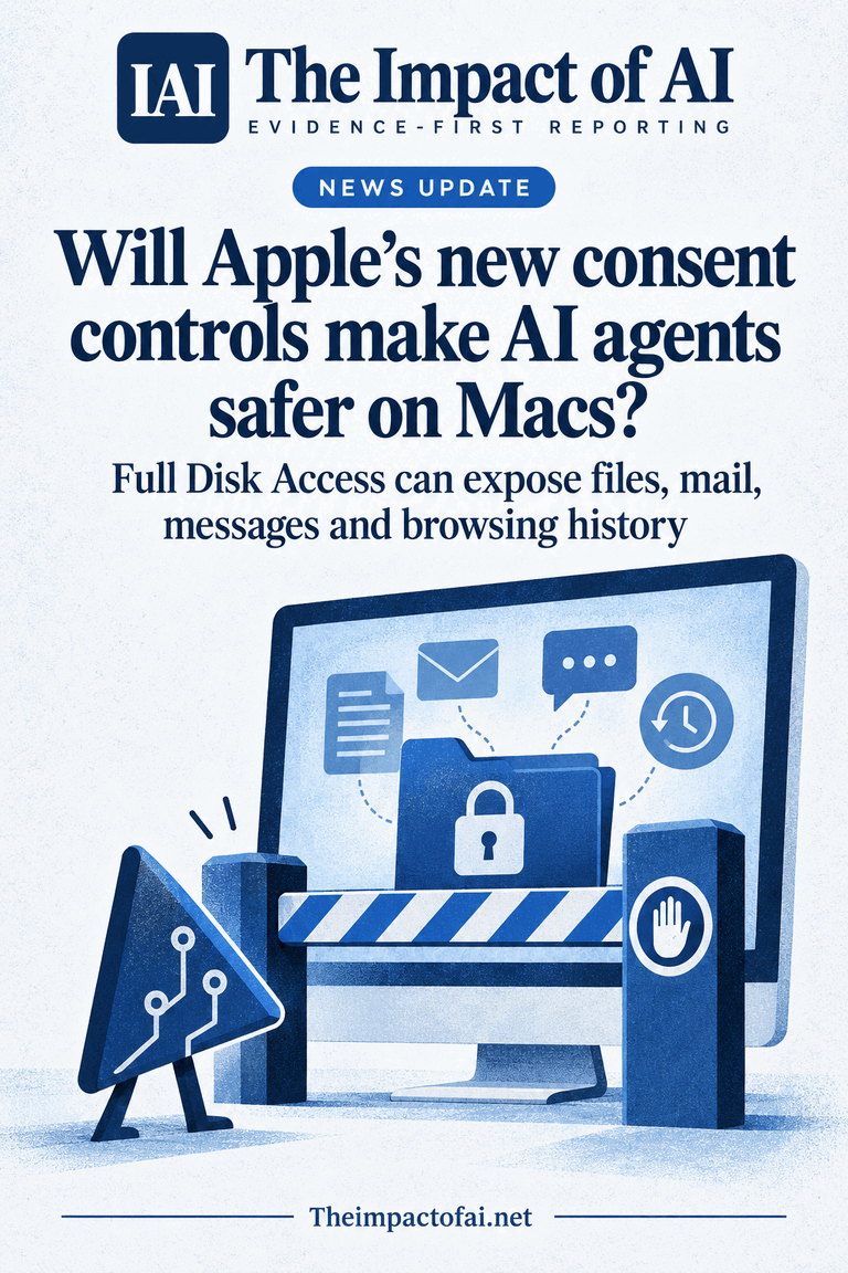 The Impact of AI news cover asking whether Apple’s new consent controls will make AI agents safer on Macs, above a conceptual computer permission gate protecting files, mail, messages and browsing history.