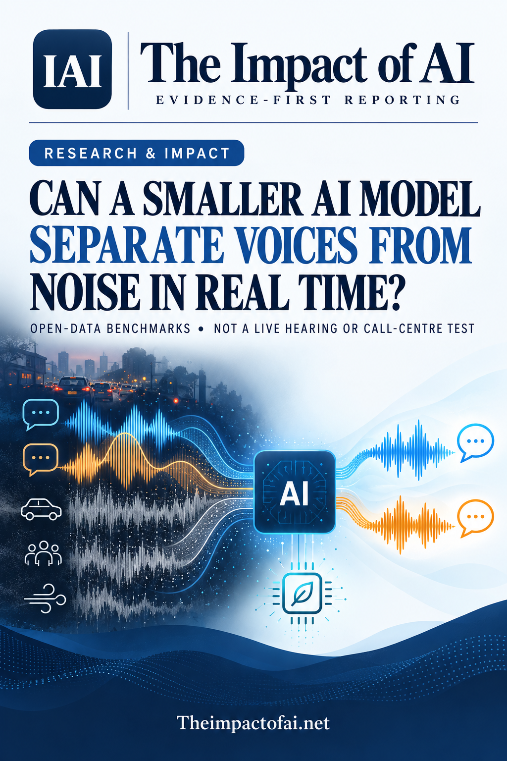 The Impact of AI research cover showing conceptual overlapping voice and noise waveforms passing through a compact AI block and emerging as two cleaner speech streams, labelled as open-data benchmarks rather than a live hearing or call-centre test.