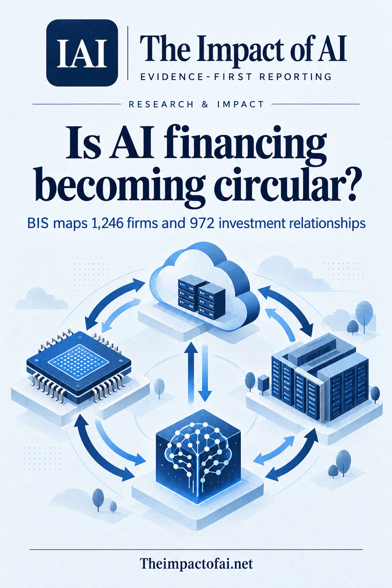 The Impact of AI research cover asking whether AI financing is becoming circular, above a conceptual loop connecting a chip, cloud, data centre and AI model node.