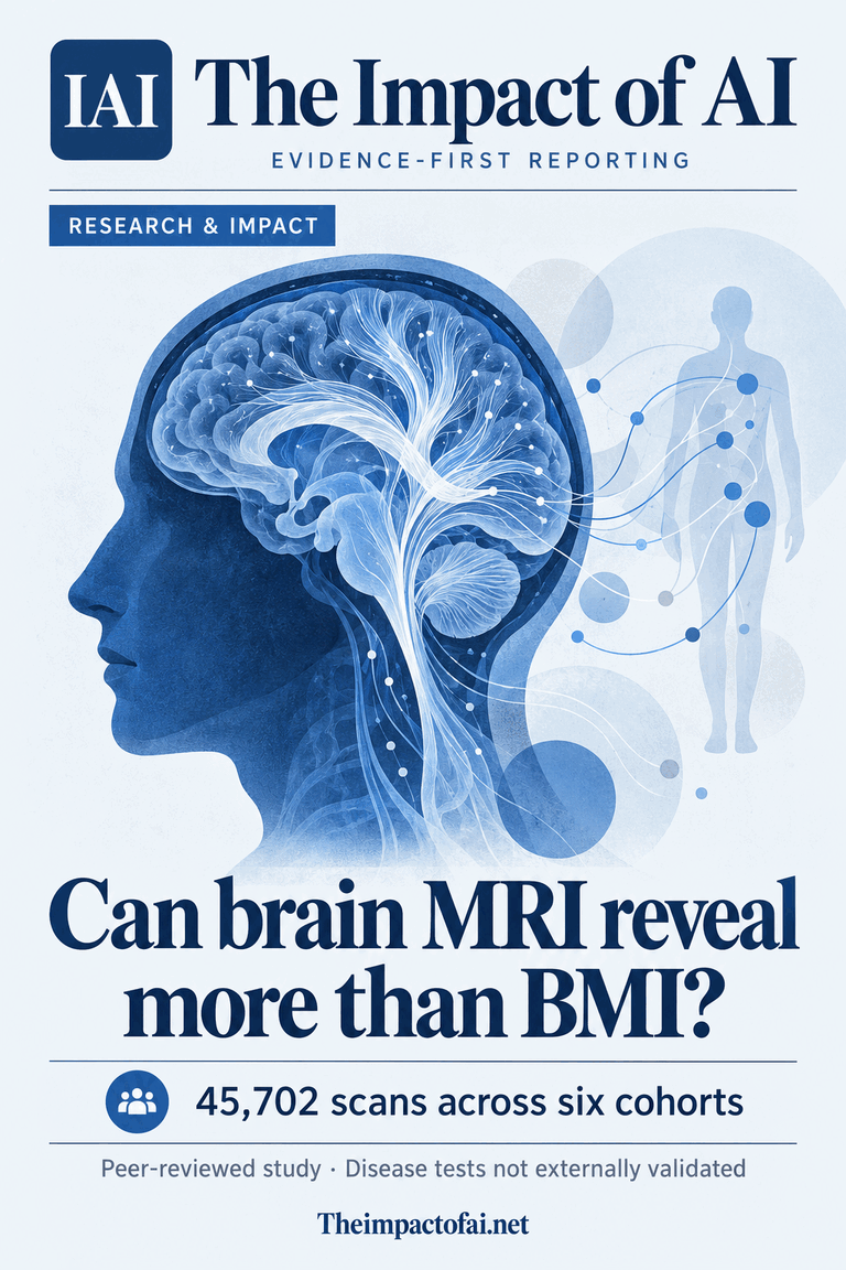 The Impact of AI research cover asking whether brain MRI can reveal more than BMI, with a conceptual head, white-matter pathways and body-health signals.