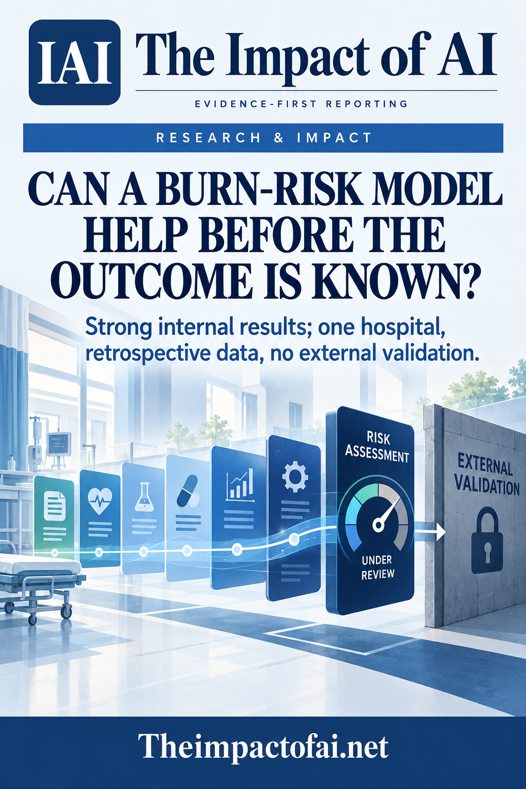The Impact of AI research cover asking whether a burn-risk model can help before an outcome is known, with a conceptual hospital timeline, risk layers and an external-validation gate.