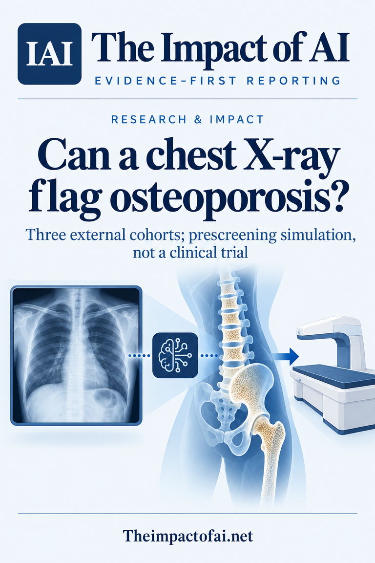 The Impact of AI research cover asking whether a chest X-ray can flag osteoporosis, with a conceptual chest radiograph, bone-density silhouette and DXA pathway; it states that three external cohorts and a prescreening simulation are not a clinical trial.