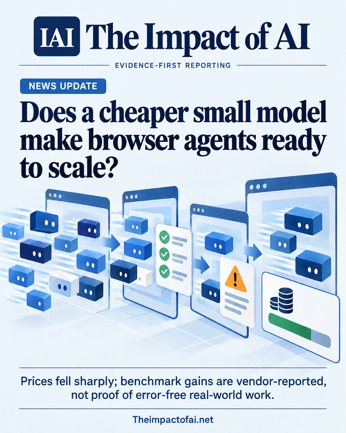 The Impact of AI cover showing conceptual small AI task blocks moving through browser windows, review checkpoints and a cost meter.