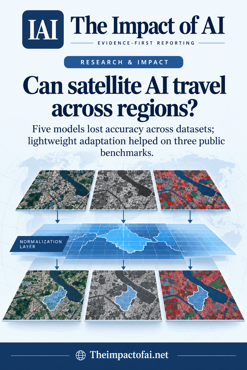 The Impact of AI research cover asking whether satellite AI can travel across regions, with conceptual map tiles aligned through a normalisation layer.
