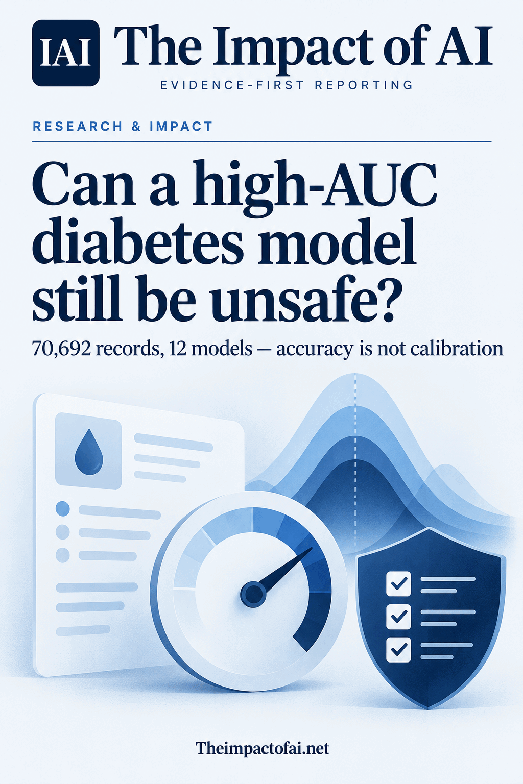 The Impact of AI research cover asking whether a high-AUC diabetes model can still be unsafe, with a conceptual screening card, probability dial and safety checklist.