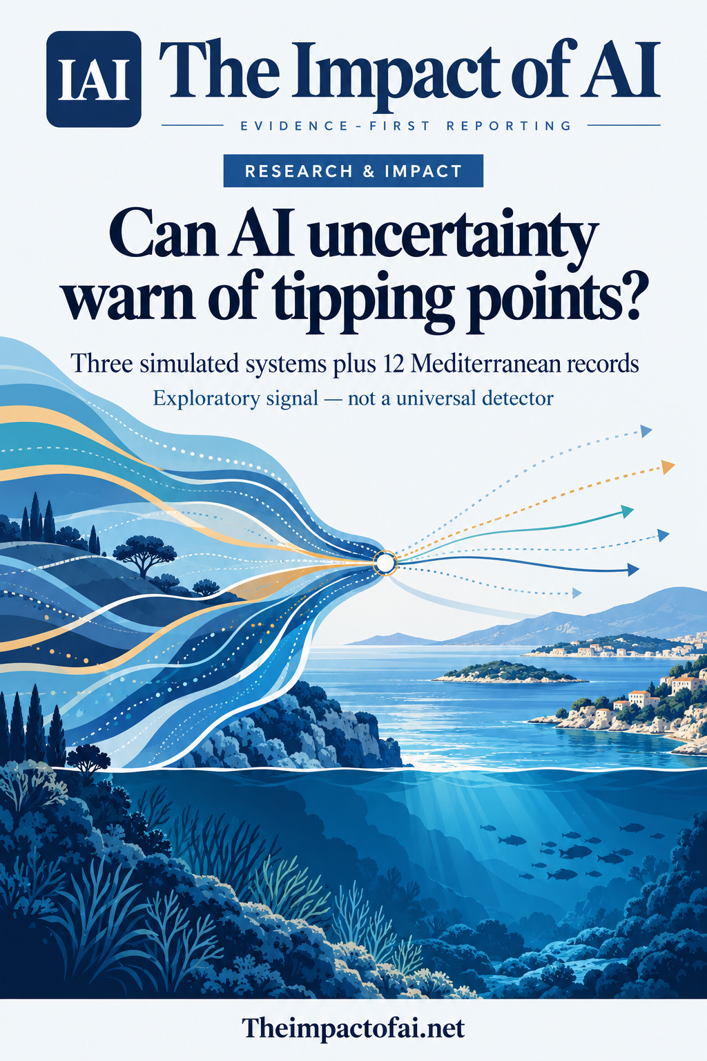 The Impact of AI research cover asking whether AI uncertainty can warn of tipping points, with conceptual future trajectories narrowing near a transition above a Mediterranean seascape; it states three simulated systems, 12 records and that the signal is not a universal detector.