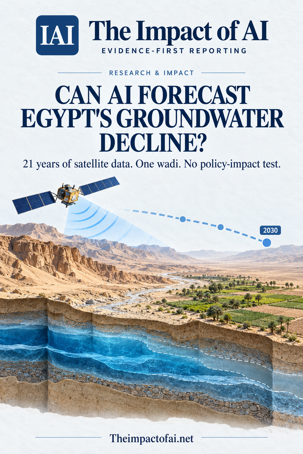 The Impact of AI research cover asking whether AI can forecast Egypt’s groundwater decline, with a conceptual satellite scanning an arid wadi, irrigated fields and receding aquifer layers.