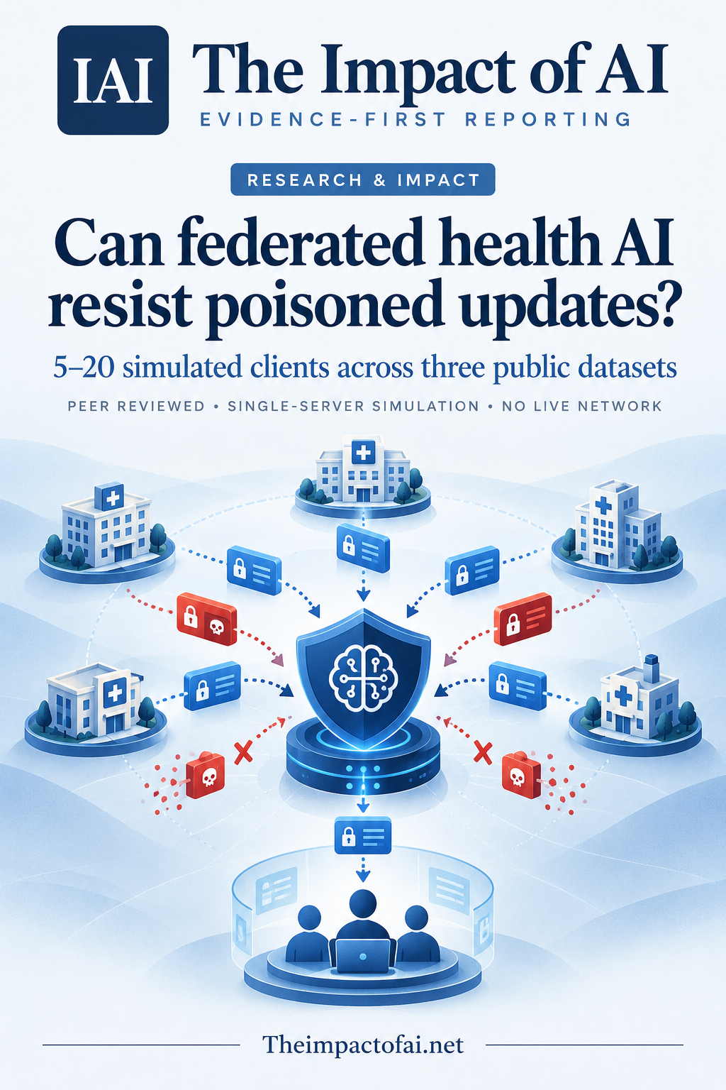 The Impact of AI research cover showing conceptual hospital data nodes sending protected model updates through a validator and human governance gate, labelled as a simulation with no live hospital network tested.