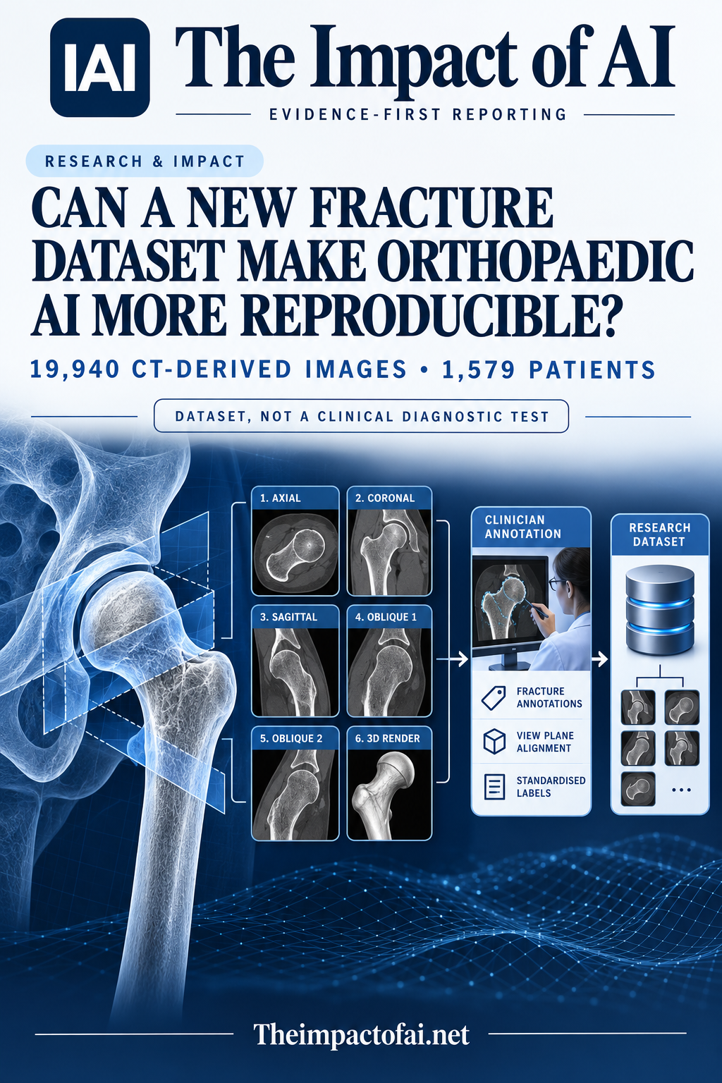 The Impact of AI research cover about a femoral-neck-fracture imaging dataset, showing conceptual multi-view hip imaging, clinician annotation and a research database, with the qualification that it is not a clinical diagnostic test.