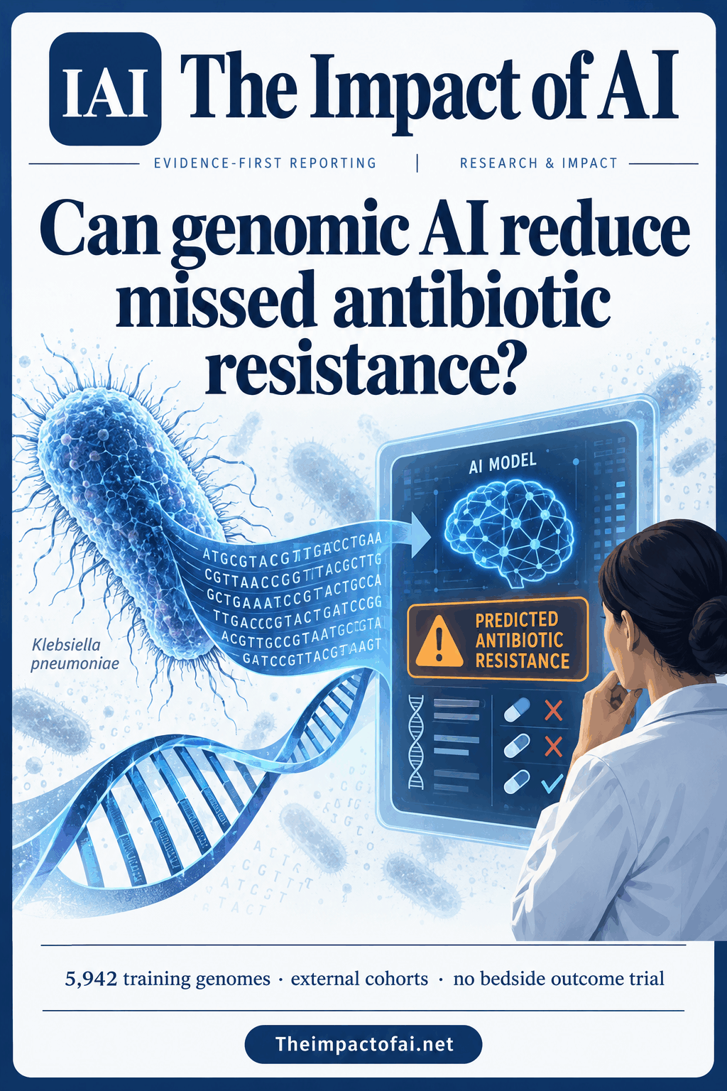 The Impact of AI research cover asking whether genomic AI can reduce missed antibiotic resistance, with conceptual DNA, Klebsiella bacteria, a model panel and a clinician silhouette; it states the 5,942-genome training set and that no bedside outcome trial was conducted.