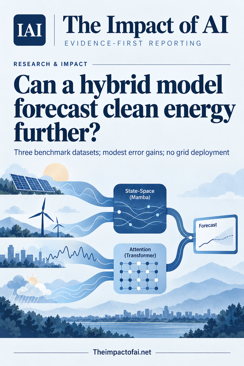 The Impact of AI research cover asking whether a hybrid model can forecast clean energy further, with conceptual solar, wind, weather and electricity signals entering Mamba and Transformer paths before a forecast window.