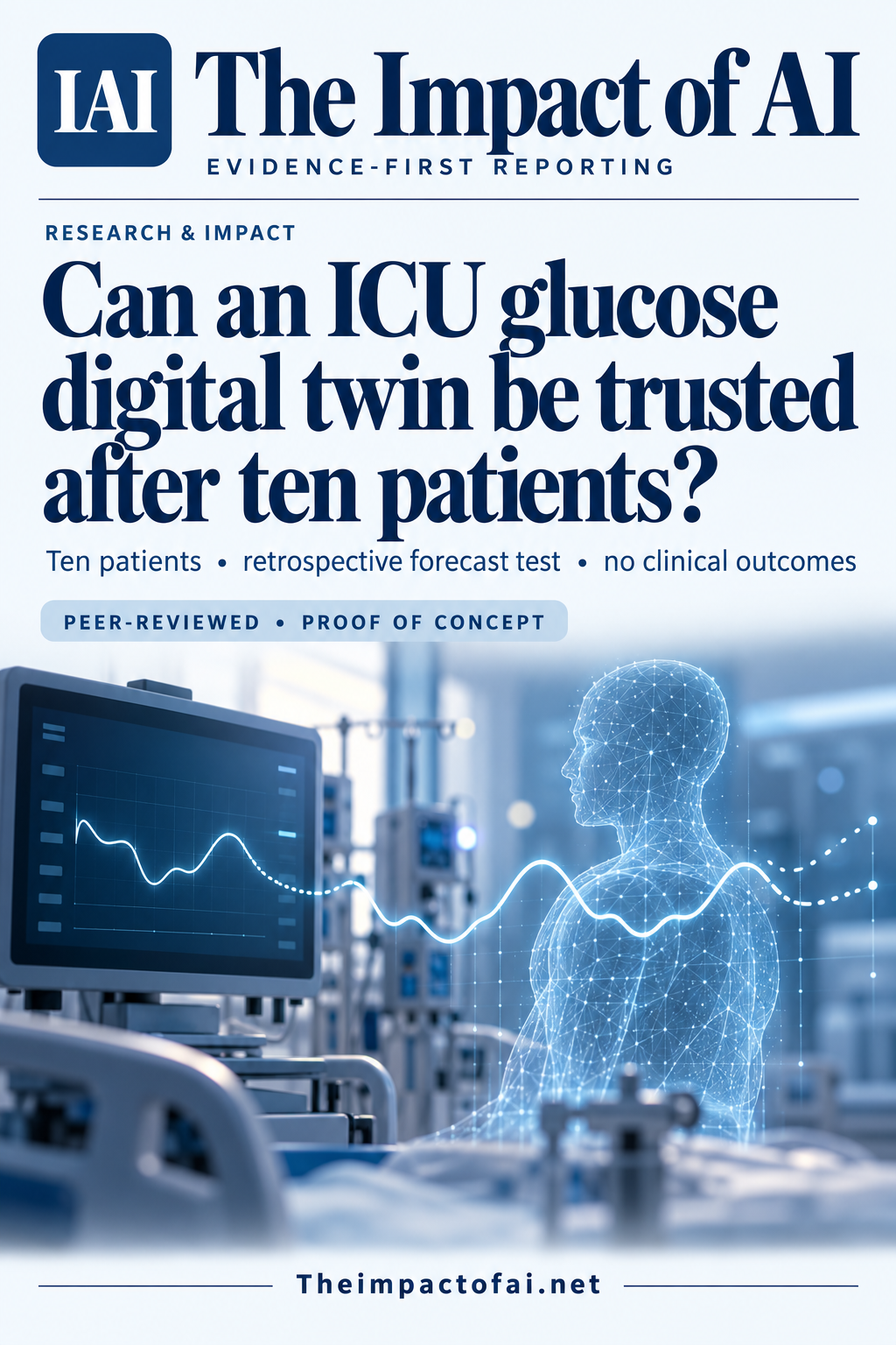 The Impact of AI research cover asking whether an ICU glucose digital twin can be trusted after ten patients, with a conceptual bedside monitor and digital human contour.