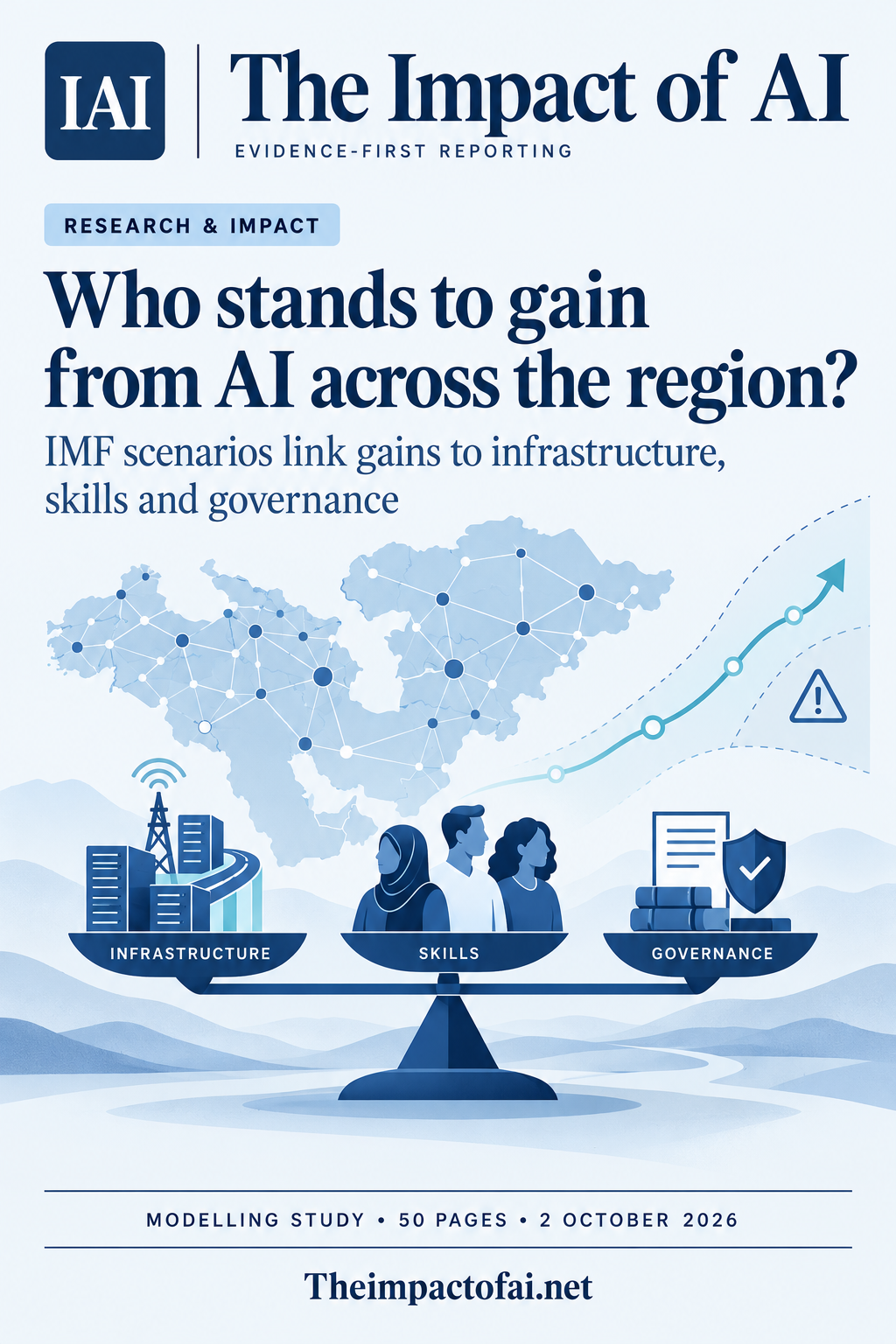 The Impact of AI research cover asking who stands to gain from AI across the region, with a conceptual connected map, infrastructure, skills and governance balance.