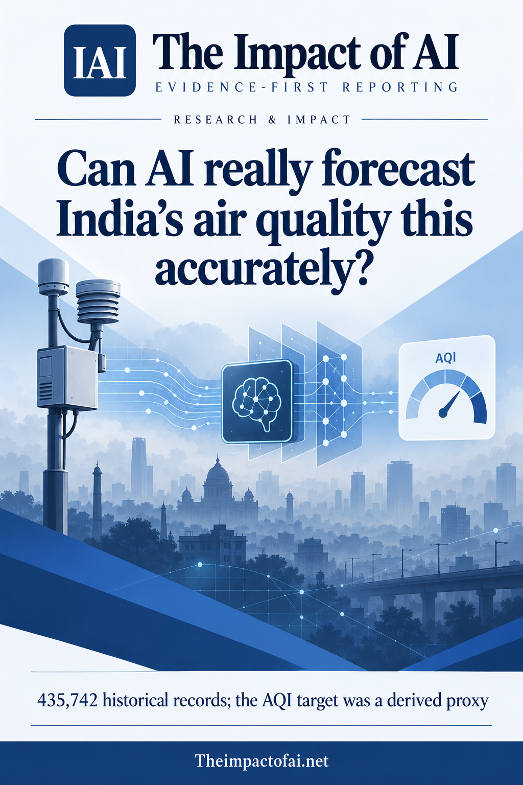 The Impact of AI research cover asking whether AI can forecast India’s air quality this accurately, with a conceptual monitoring station, city haze, neural network and AQI dial.