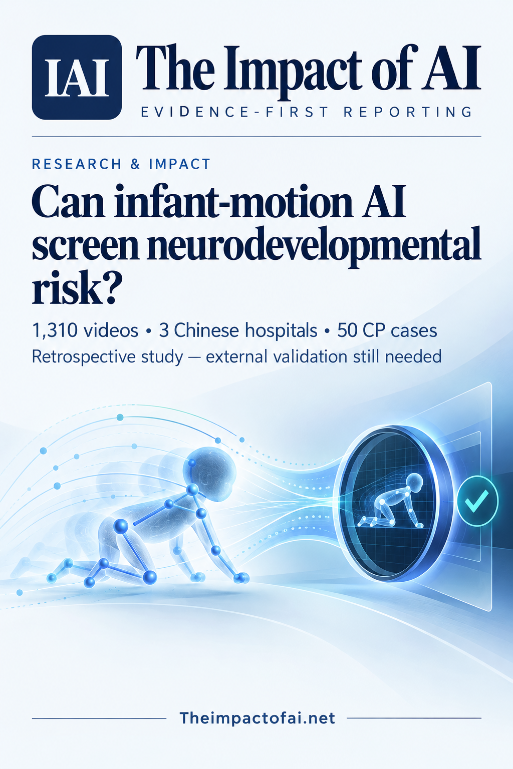 The Impact of AI research cover asking whether infant-motion AI can screen neurodevelopmental risk, with a conceptual movement skeleton and screening lens; it notes 1,310 videos, three Chinese hospitals, 50 cerebral-palsy cases and the need for external validation.