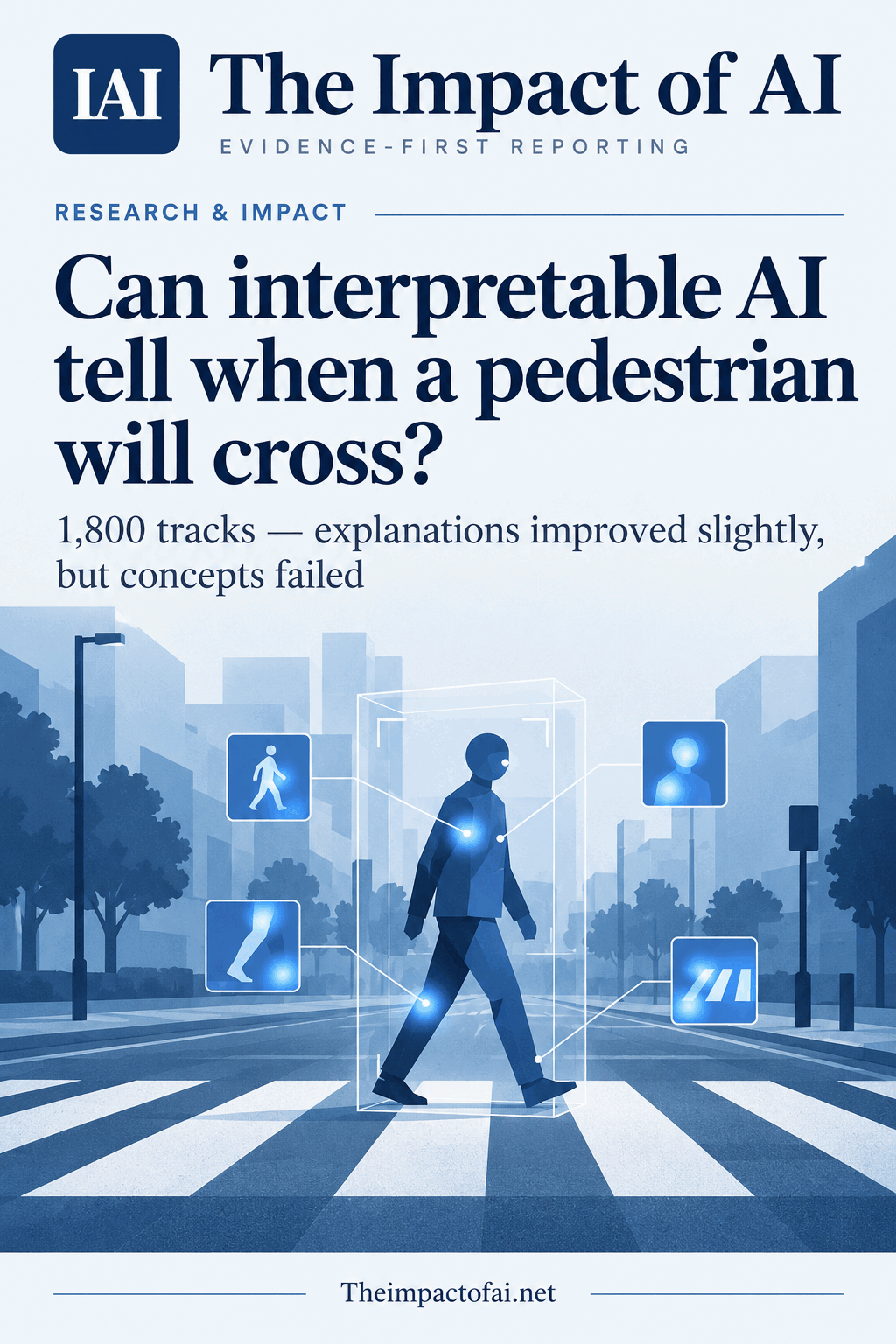 The Impact of AI research cover asking whether interpretable AI can tell when a pedestrian will cross, with an anonymous conceptual figure, crossing and model concept nodes.