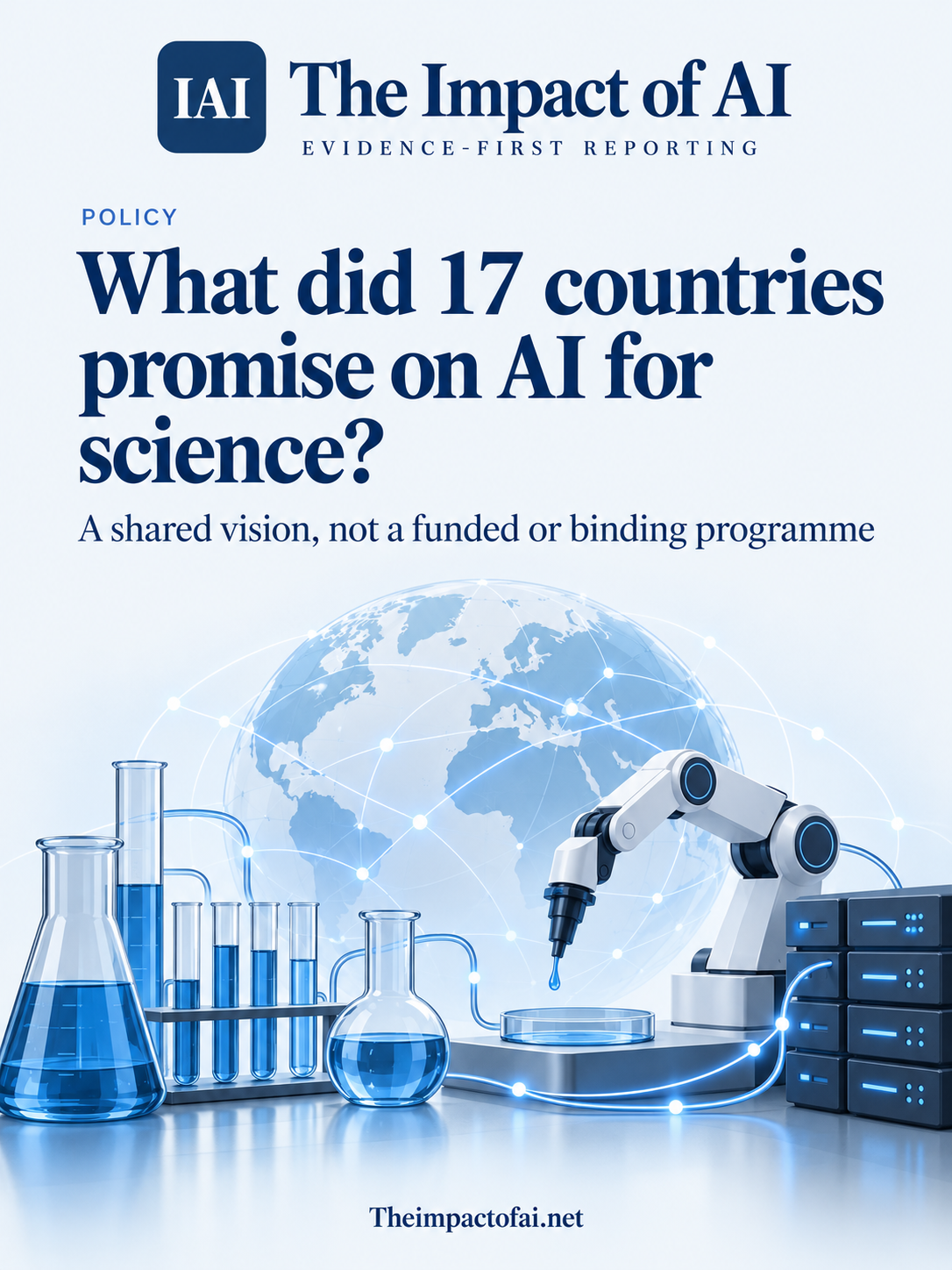 The Impact of AI policy cover asking what 17 countries promised on AI for science, with conceptual research instruments connected around a globe.