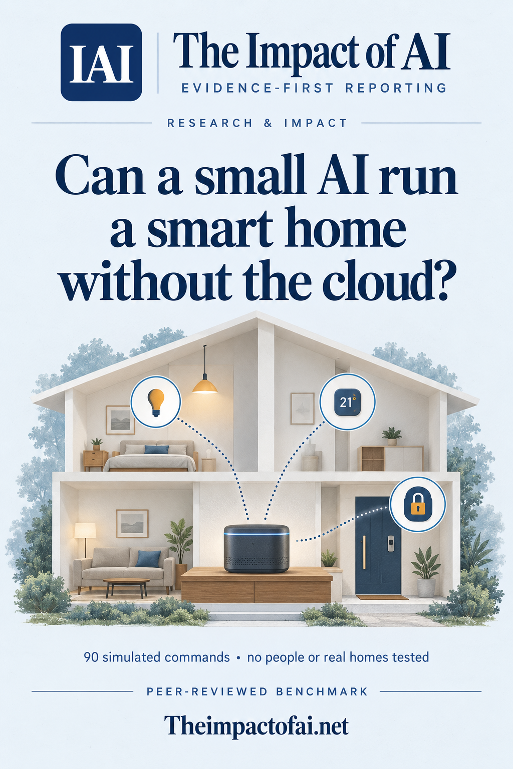 The Impact of AI research cover asking whether a small AI can run a smart home without the cloud, with a conceptual cutaway home and local device hub.