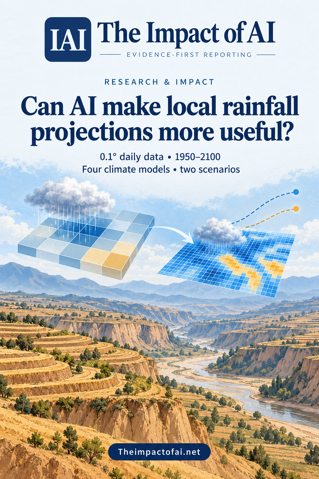 The Impact of AI research cover asking whether AI can make local rainfall projections more useful, with a conceptual Loess Plateau landscape, coarse climate grid and finer rainfall grid; it notes 0.1-degree daily data for 1950 to 2100.