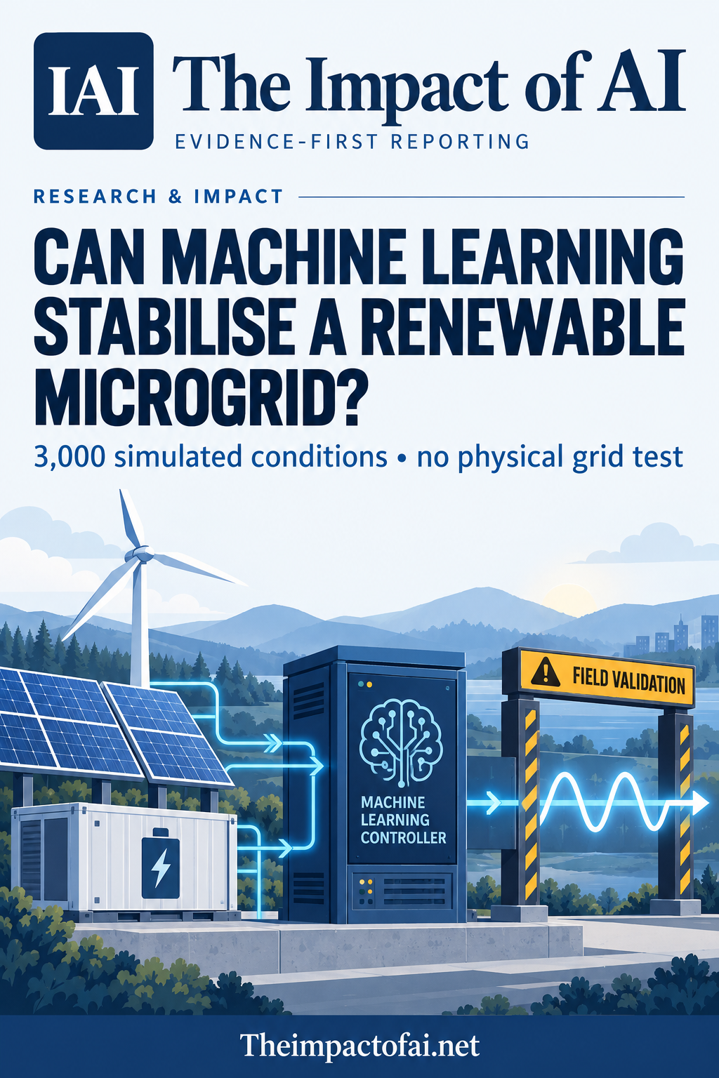 The Impact of AI research cover showing conceptual solar, wind and battery inputs feeding a machine-learning controller and a guarded microgrid stability output.