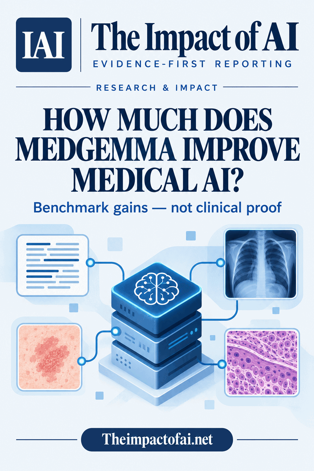 The Impact of AI research cover asking how much MedGemma improves medical AI, with conceptual medical text, chest imaging, dermatology and tissue inputs connected to a modular AI system; the cover states that benchmark gains are not clinical proof.