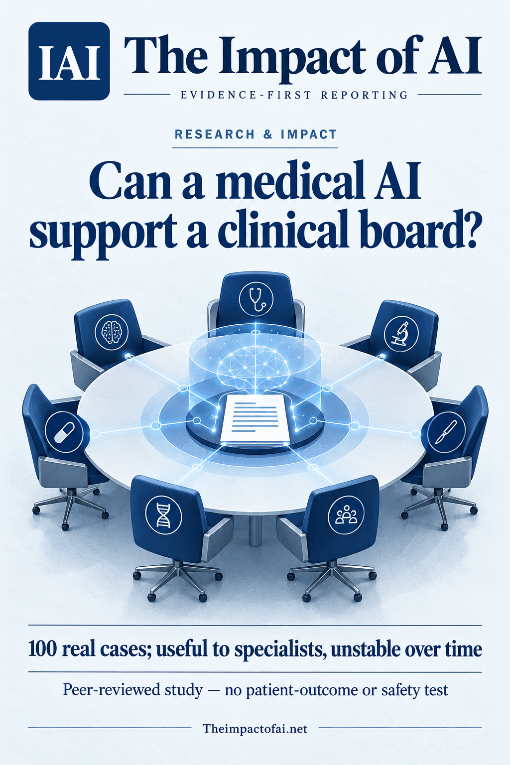 The Impact of AI research cover asking whether a medical AI can support a clinical board, with a conceptual round table of specialist chairs linked to an evidence document and an AI reasoning layer.