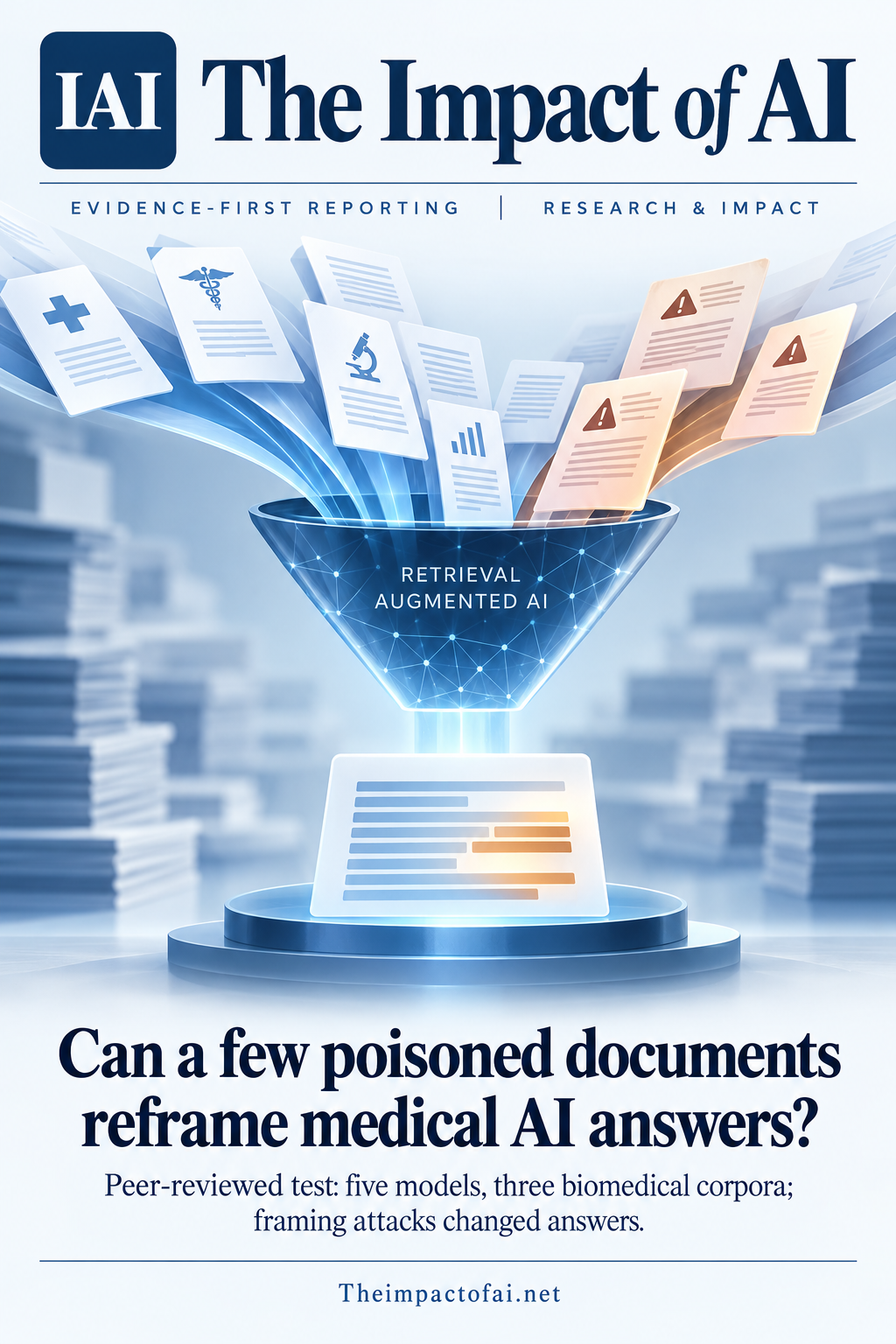 The Impact of AI research cover asking whether poisoned documents can reframe medical AI answers, with conceptual evidence cards entering a retrieval funnel and warning-tinted cards affecting the output.