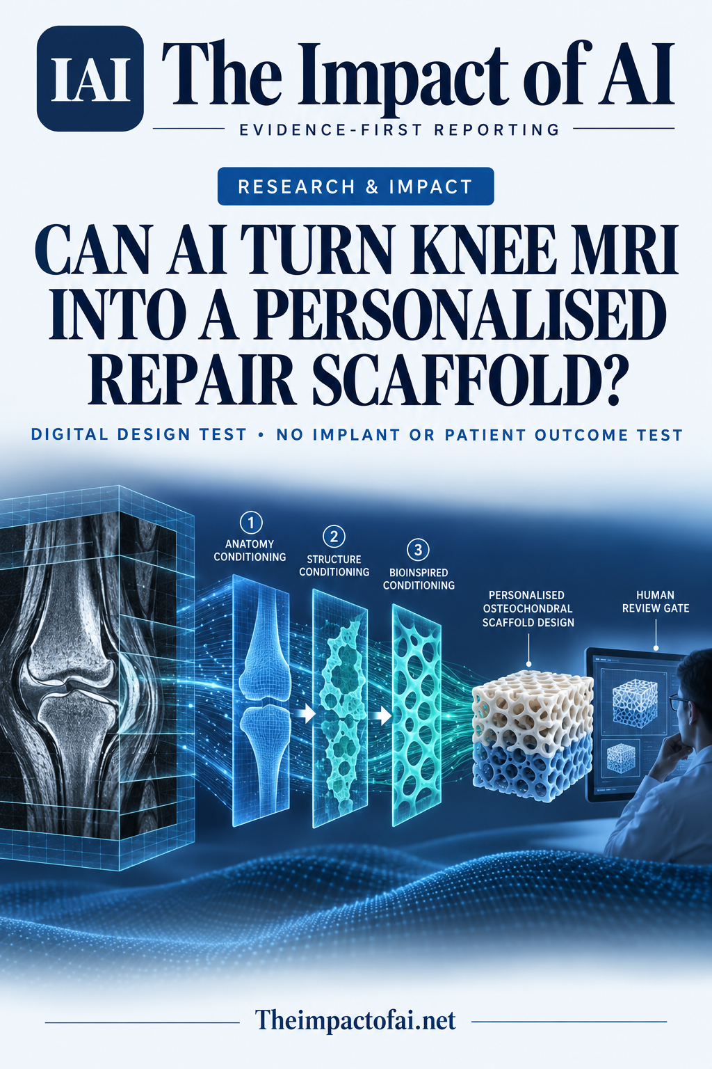 The Impact of AI research cover showing a conceptual knee MRI passing through anatomy and physics conditioning into a porous scaffold design and human review gate, labelled as a digital design test with no implant or patient outcome test.