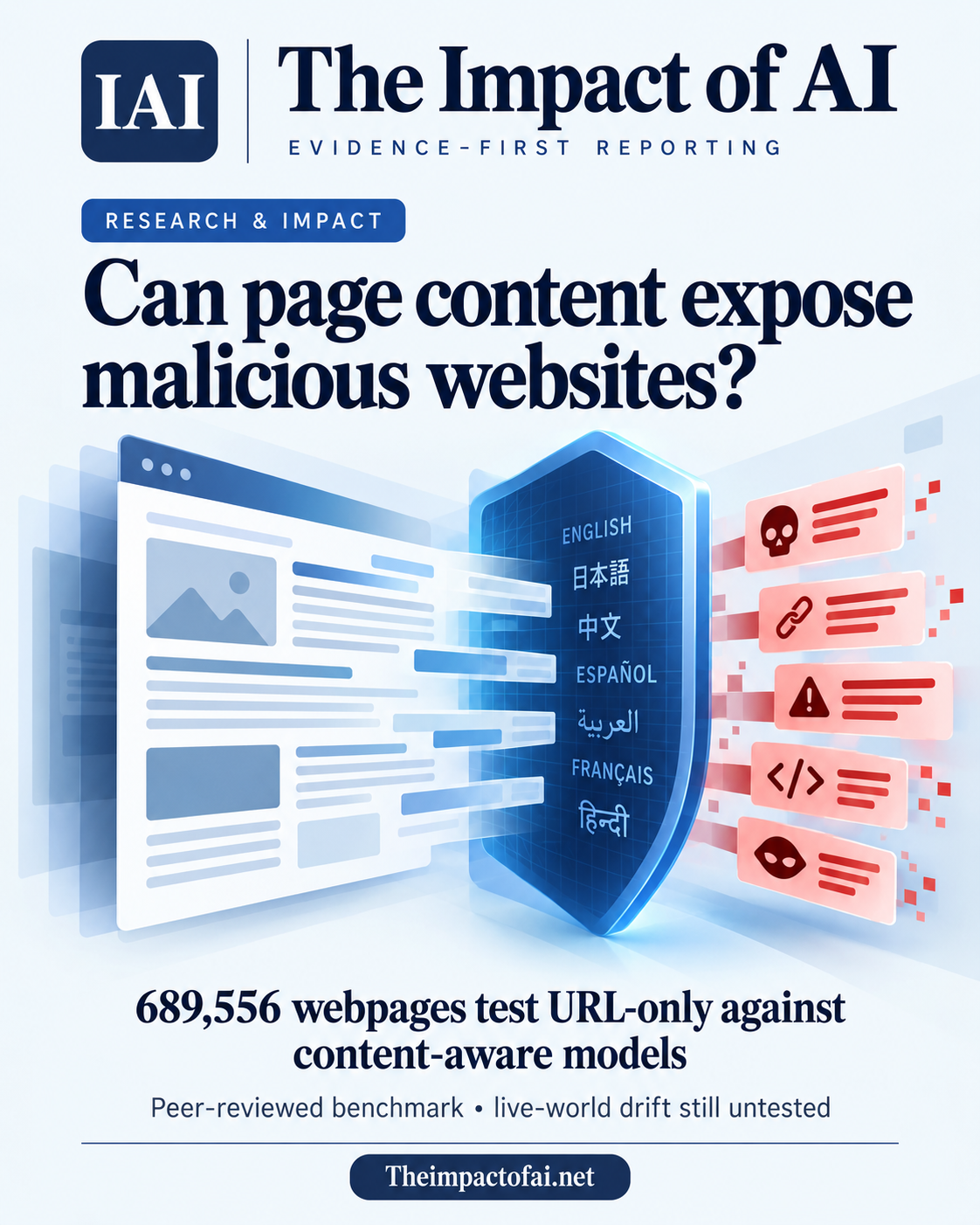 The Impact of AI research cover asking whether page content can expose malicious websites, with conceptual text layers passing through a multilingual security shield.