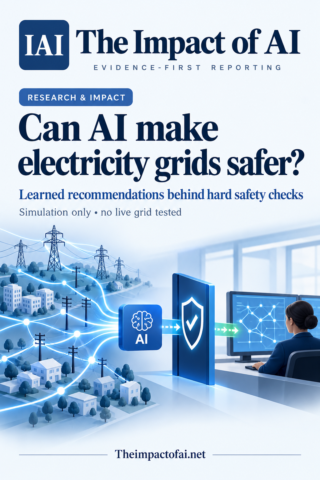 The Impact of AI cover showing a conceptual electricity distribution network passing an AI recommendation through a hard safety gate, with the simulation-only limitation clearly stated.
