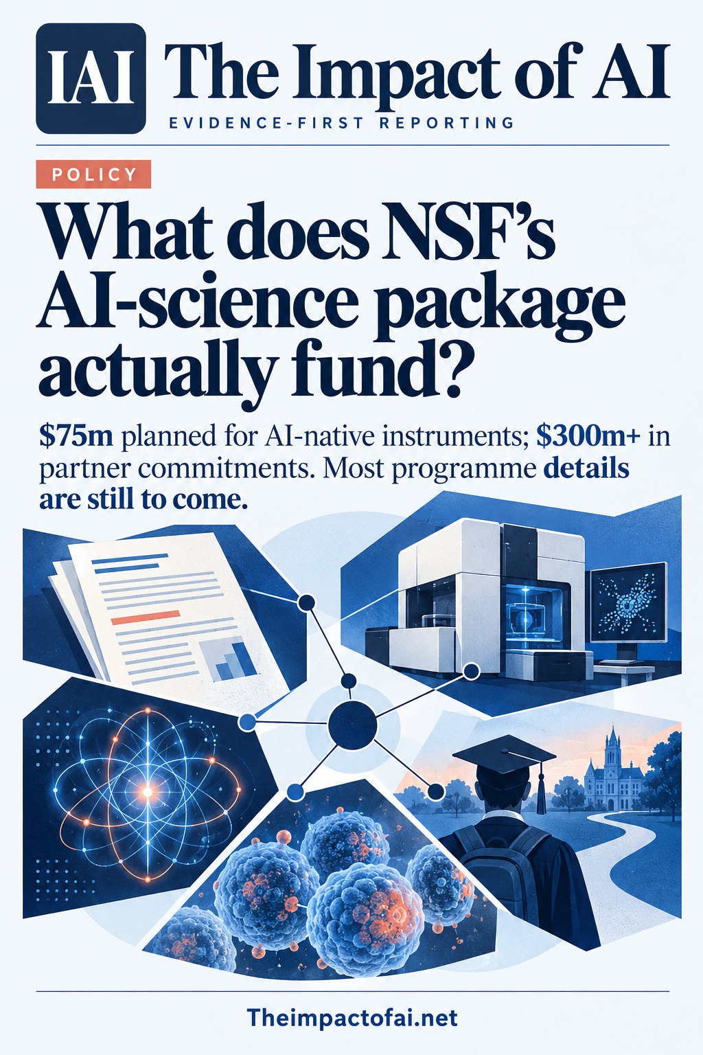 The Impact of AI policy cover asking what NSF's AI-science package funds, with conceptual research documents, an automated laboratory instrument, quantum and cell motifs, and a graduate pathway.