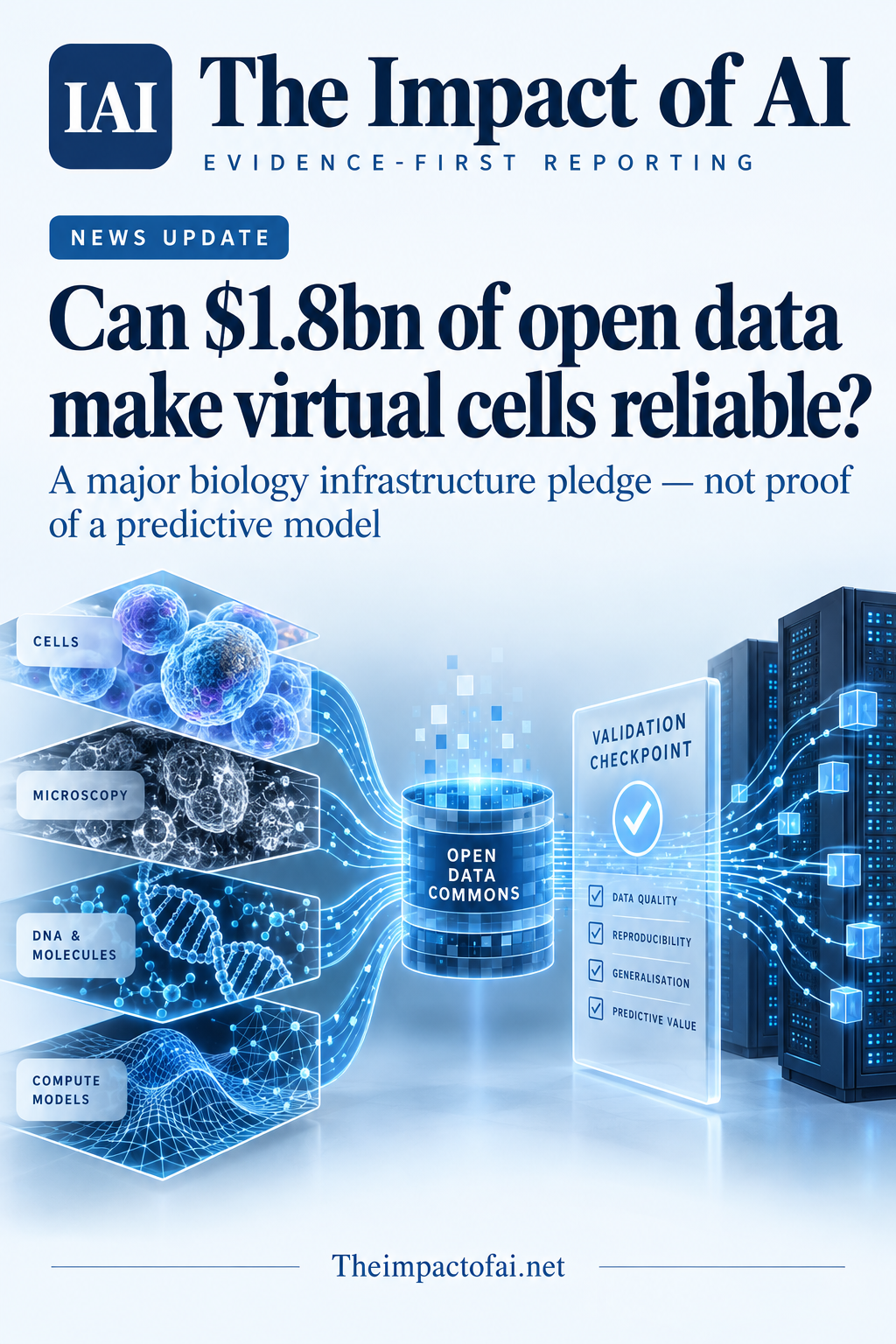 The Impact of AI news cover showing conceptual cell, microscopy, DNA and compute inputs flowing into an open data commons and then through a validation checkpoint.