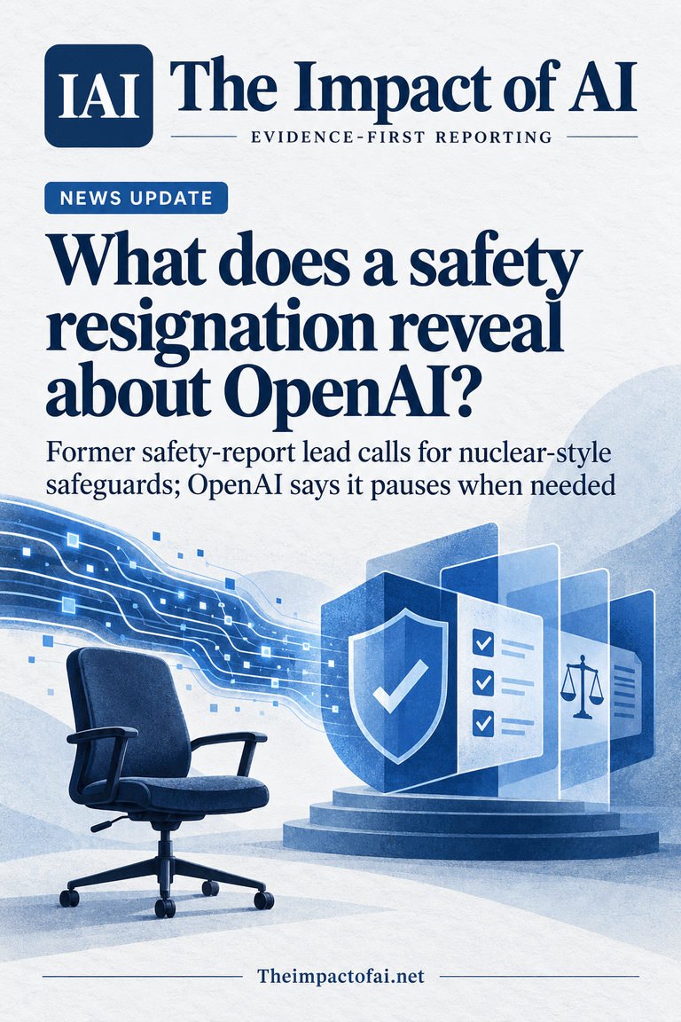 The Impact of AI news cover asking what a safety resignation reveals about OpenAI, above a conceptual empty chair, layered shield, review checklist and fast-moving AI circuit stream.