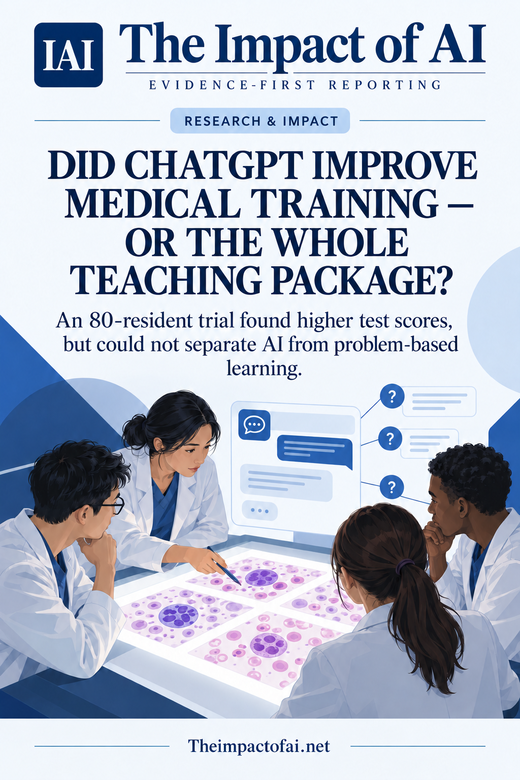 The Impact of AI research cover asking whether ChatGPT or the whole teaching package improved medical training, with conceptual trainees discussing laboratory slides and a generic AI dialogue panel.
