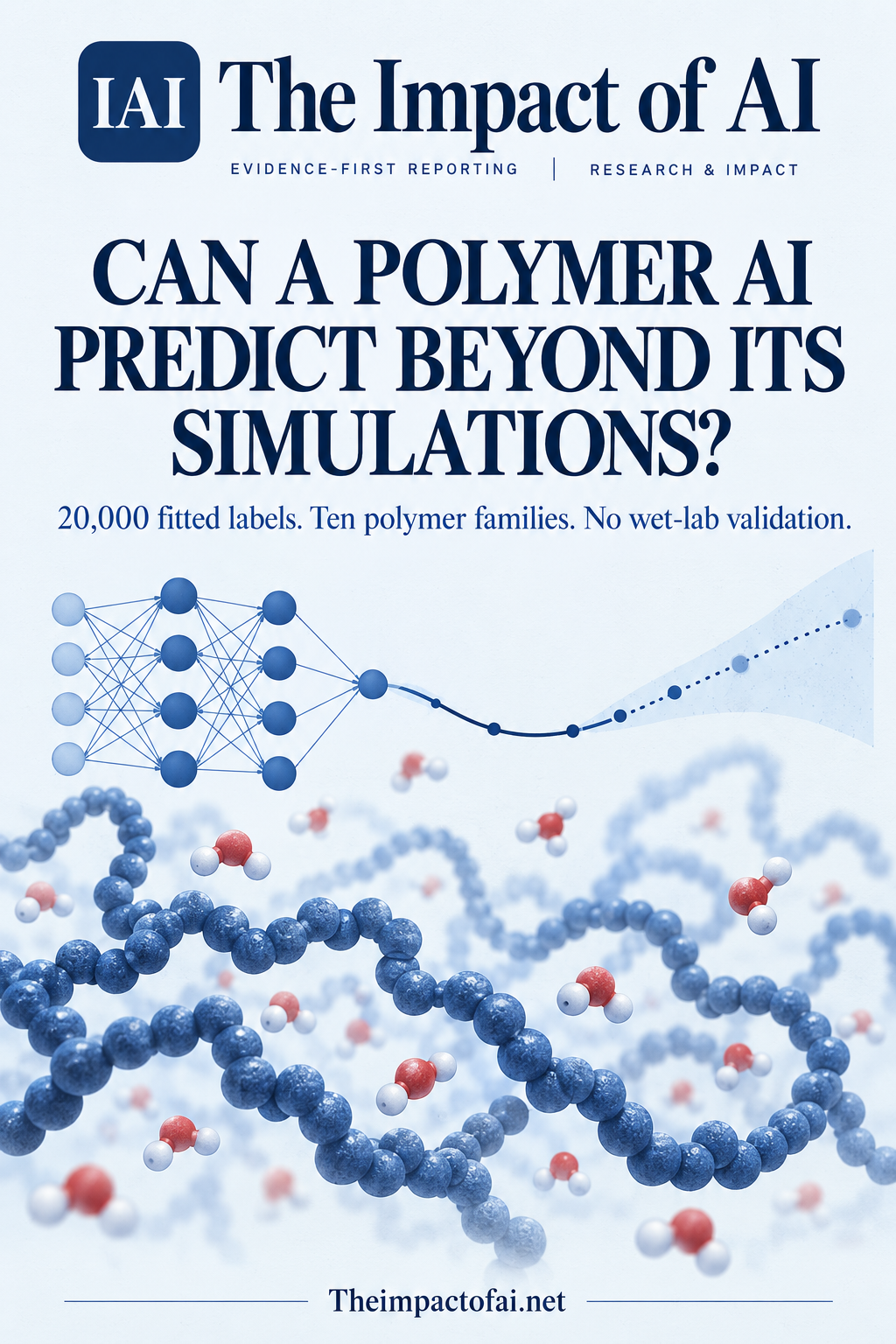 The Impact of AI research cover asking whether a polymer AI can predict beyond its simulations, with conceptual polymer coils in water, a neural network and a fitted curve becoming uncertain.