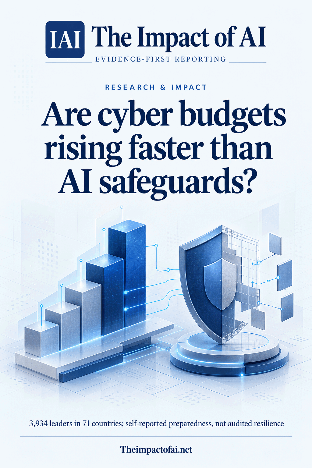 The Impact of AI research cover asking whether cyber budgets are rising faster than AI safeguards, with conceptual investment blocks beside an incomplete protective shield.