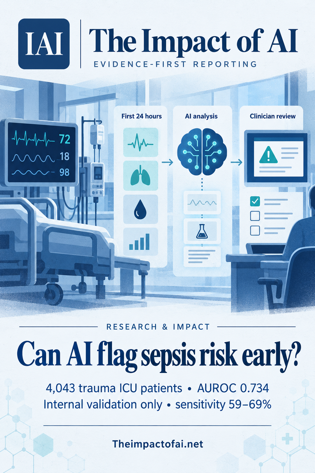 The Impact of AI research cover asking whether AI can flag sepsis risk early, with a conceptual intensive-care timeline, monitoring signals and a clinician review gate; it notes 4,043 trauma patients and internal validation only.