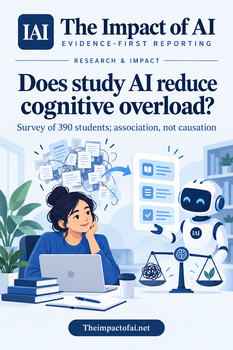 The Impact of AI research cover asking whether study AI reduces cognitive overload, with a conceptual learner and AI assistant organizing information; it states that the evidence is a survey of 390 students and shows association, not causation.