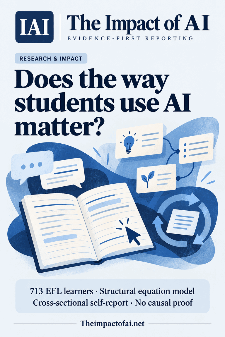 The Impact of AI research cover asking whether the way students use AI matters, with a conceptual notebook, idea cards, speech forms and a reflective loop.