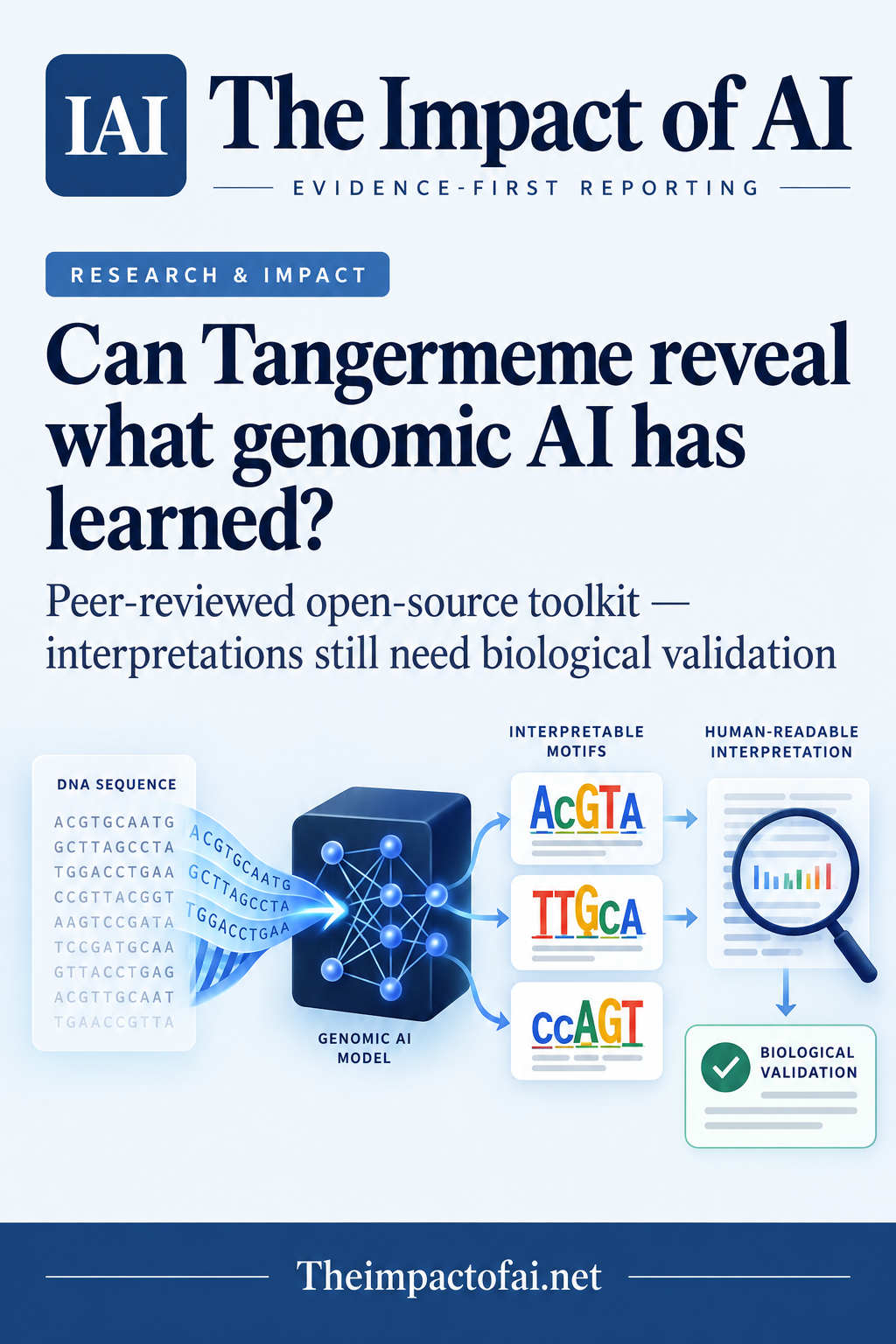 The Impact of AI research cover showing a conceptual DNA sequence passing through a neural model into interpretable motif cards and a biological validation checkpoint.